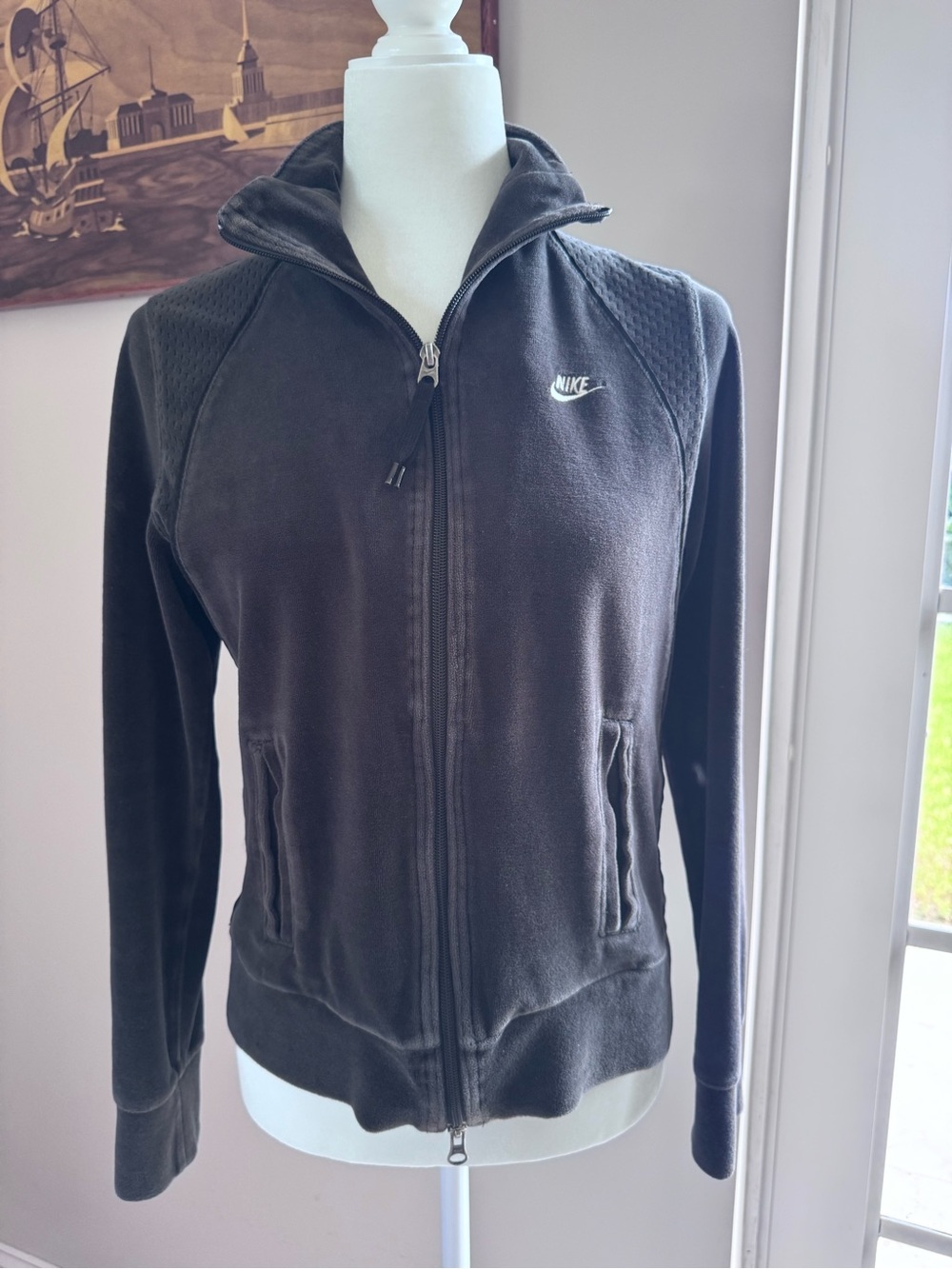Vintage Nike Velour Jacket Womens M Black/Grey velvet Full Zip Track Y2K Swoosh